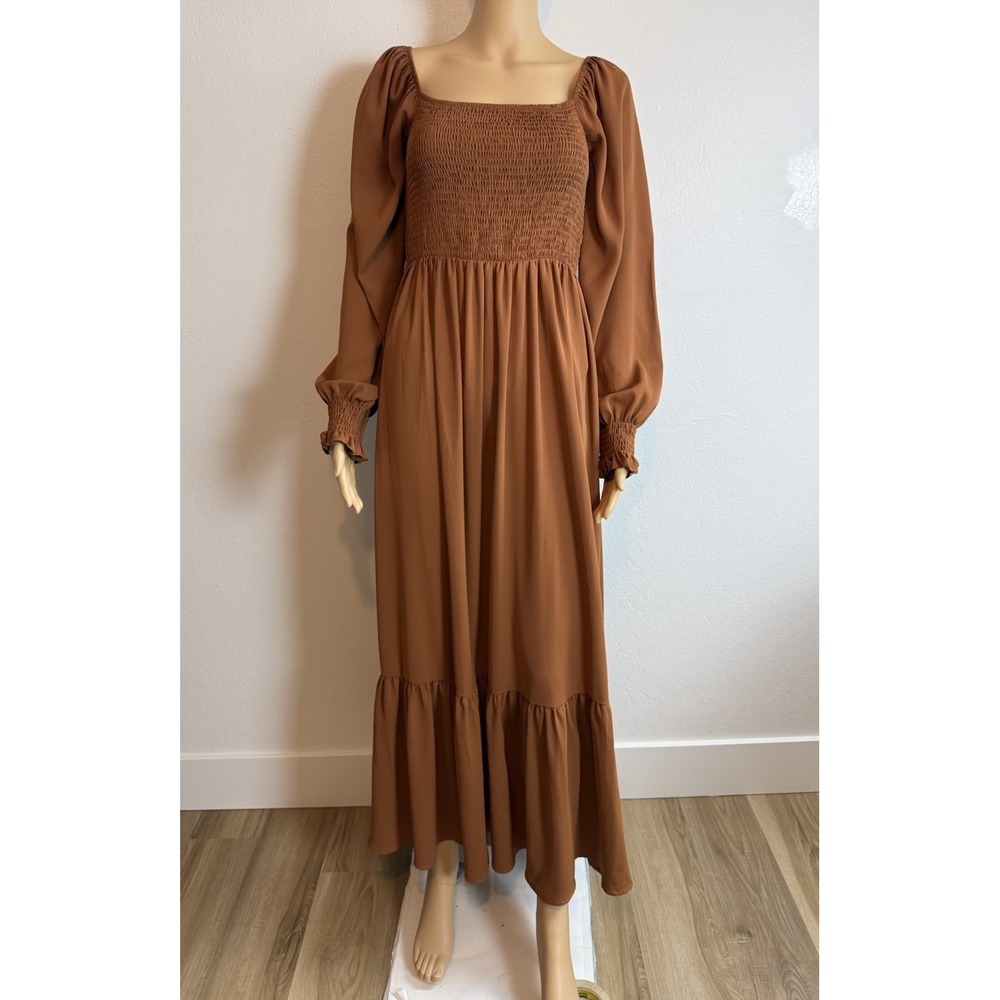 SHEIN Brown Smocked Square Neck Long Sleeve Tiered Boho Maxi Dress Womens Size L